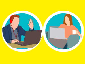 Two images of a man and woman sitting in front of a laptop